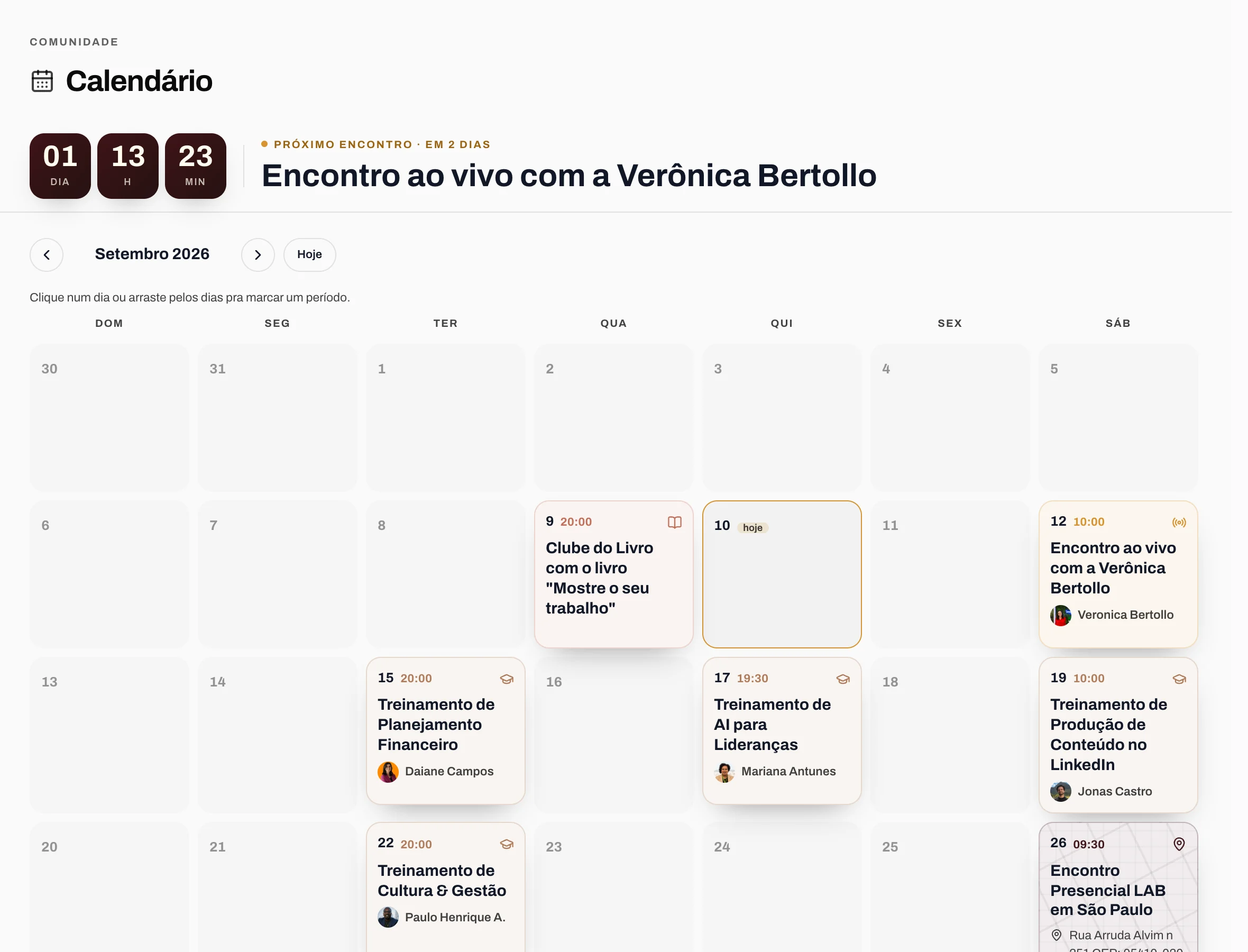 Calendário de encontros do mês: clube do livro, treinamentos ao vivo e encontro presencial, com a contagem regressiva do próximo