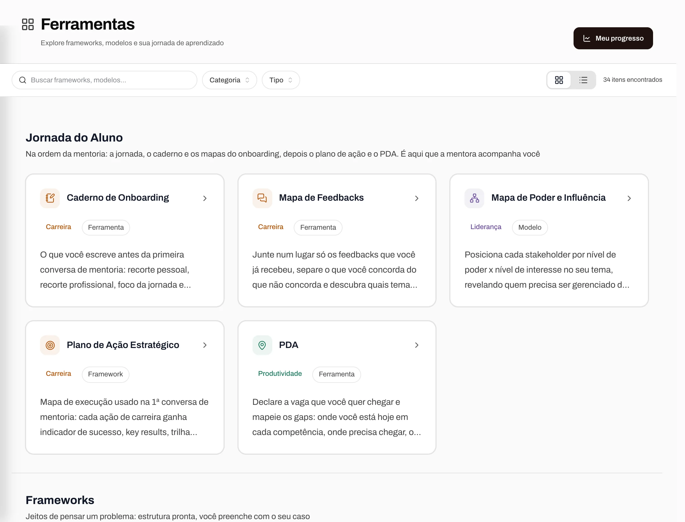 Página de ferramentas com a jornada do aluno em cards