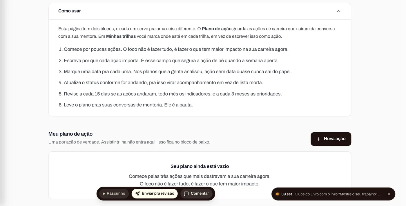 Plano de ação estratégico aberto, com o aviso de sessão ao vivo no rodapé