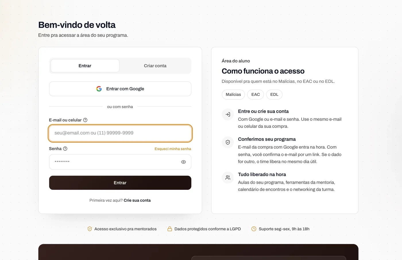 Tela de entrada do Hub