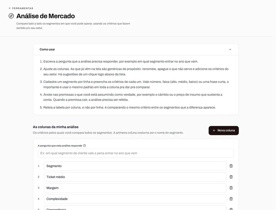 Tela da ferramenta Análise de Mercado