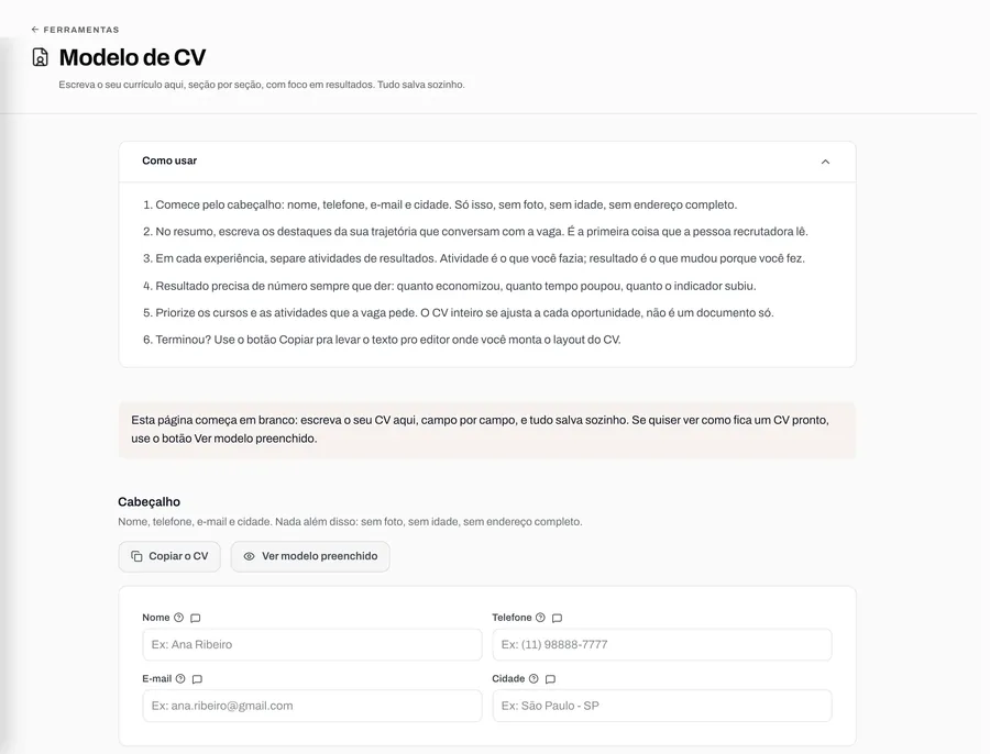 Tela da ferramenta CV