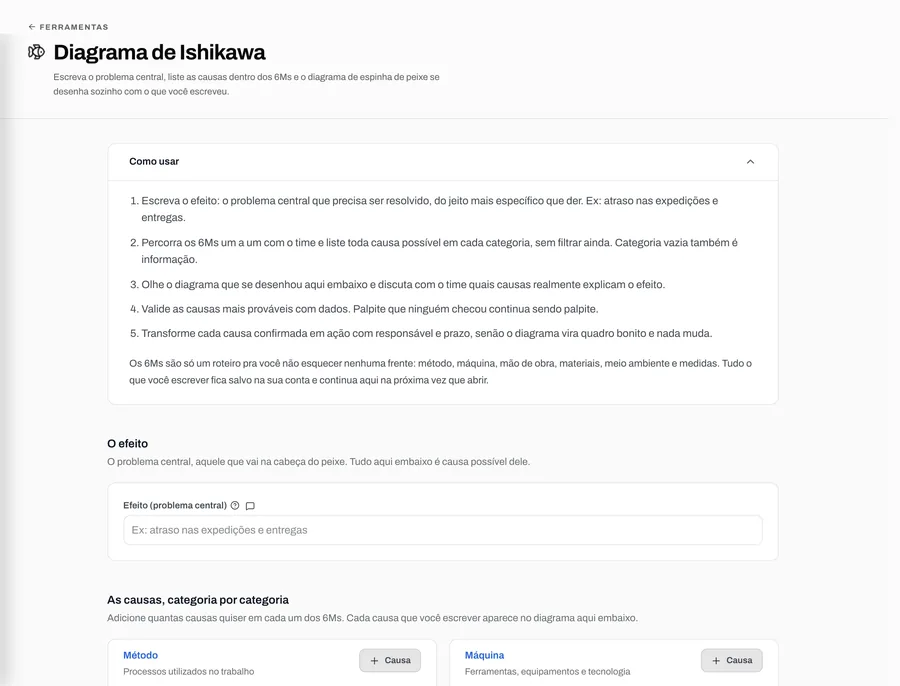 Tela da ferramenta Diagrama de Ishikawa