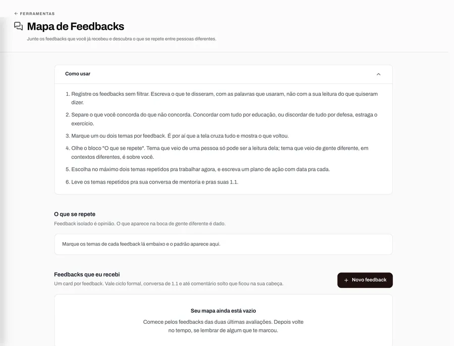 Tela da ferramenta Mapa de Feedbacks