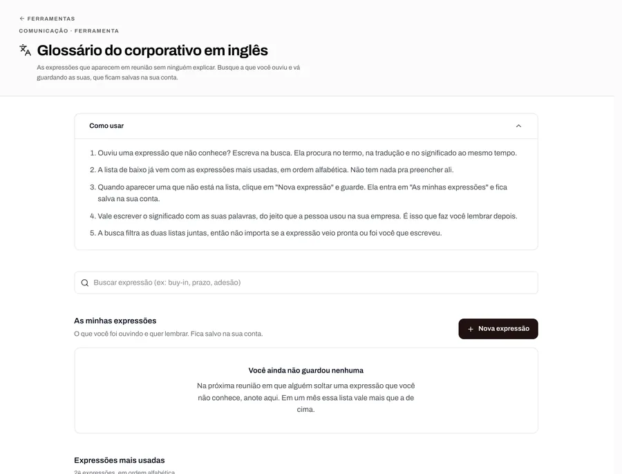 Tela da ferramenta Glossário do corporativo em inglês