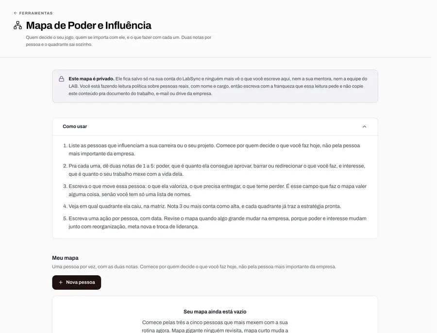 Tela da ferramenta Mapa de Poder e Influência