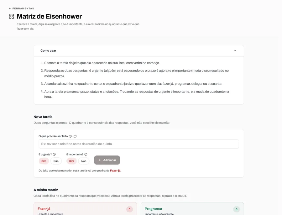 Tela da ferramenta Matriz Eisenhower