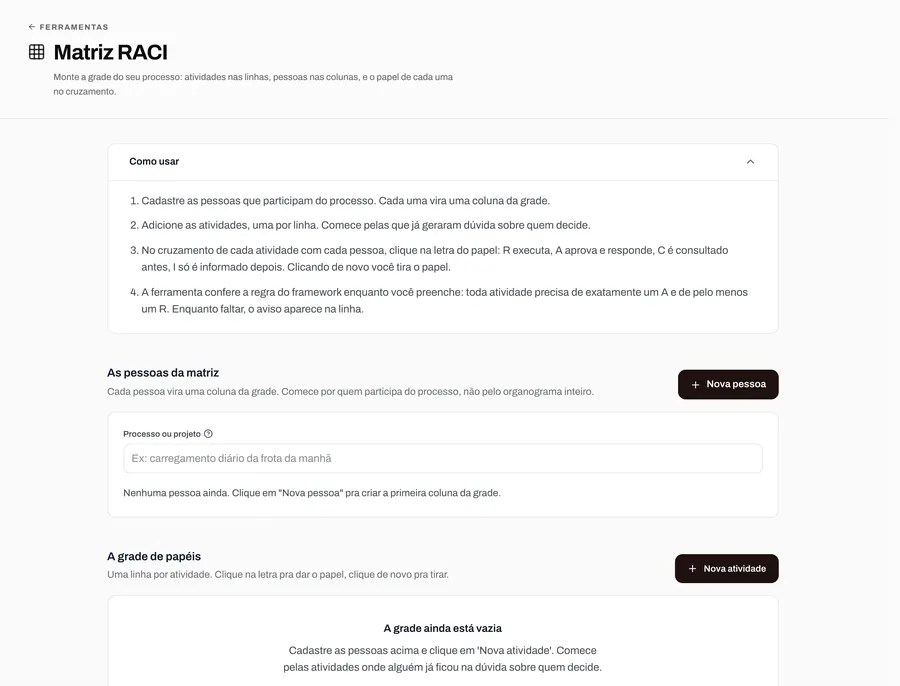 Tela da ferramenta Matriz RACI