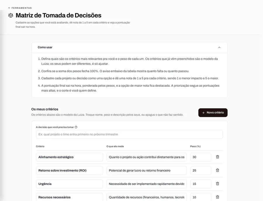 Tela da ferramenta Matriz de Tomada de Decisões