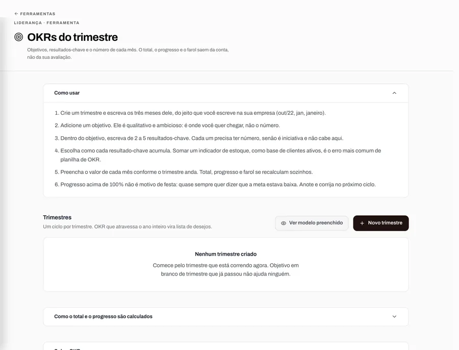 Tela da ferramenta OKRs do trimestre