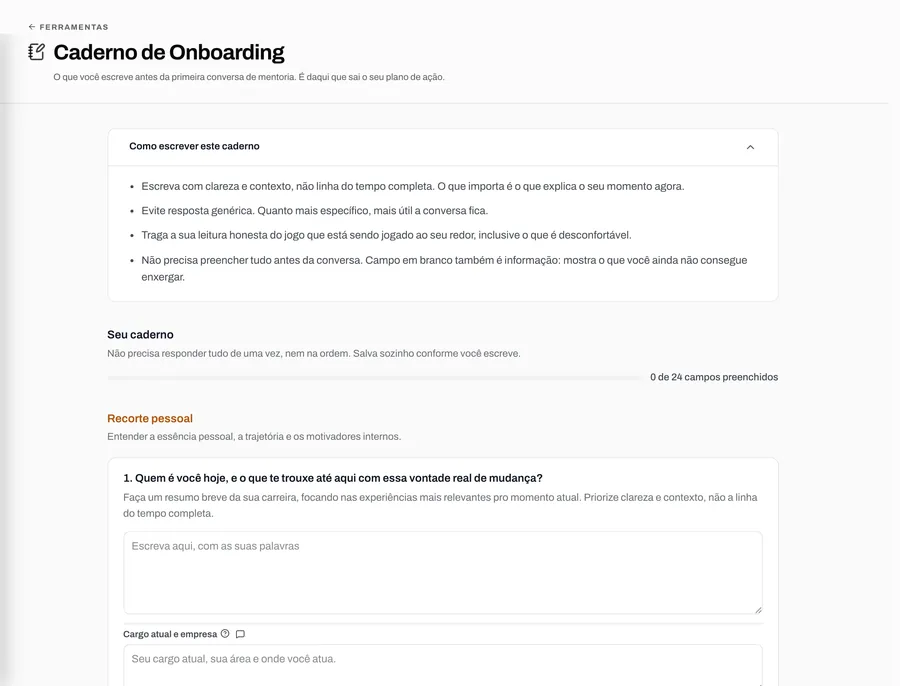 Tela da ferramenta Caderno de Onboarding