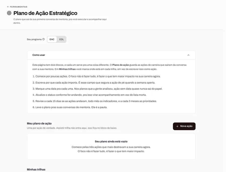 Tela da ferramenta Plano de Ação Estratégico