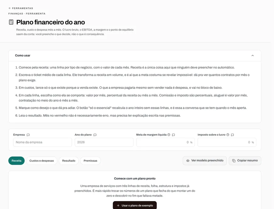Tela da ferramenta Plano financeiro do ano