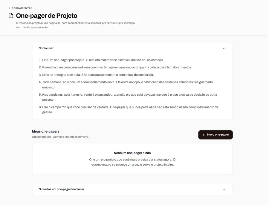 Tela da ferramenta One-pager de Projeto