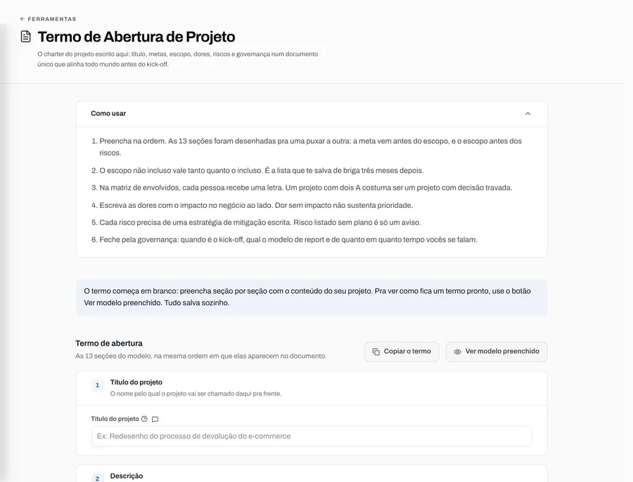Tela da ferramenta Termo de Abertura de Projeto